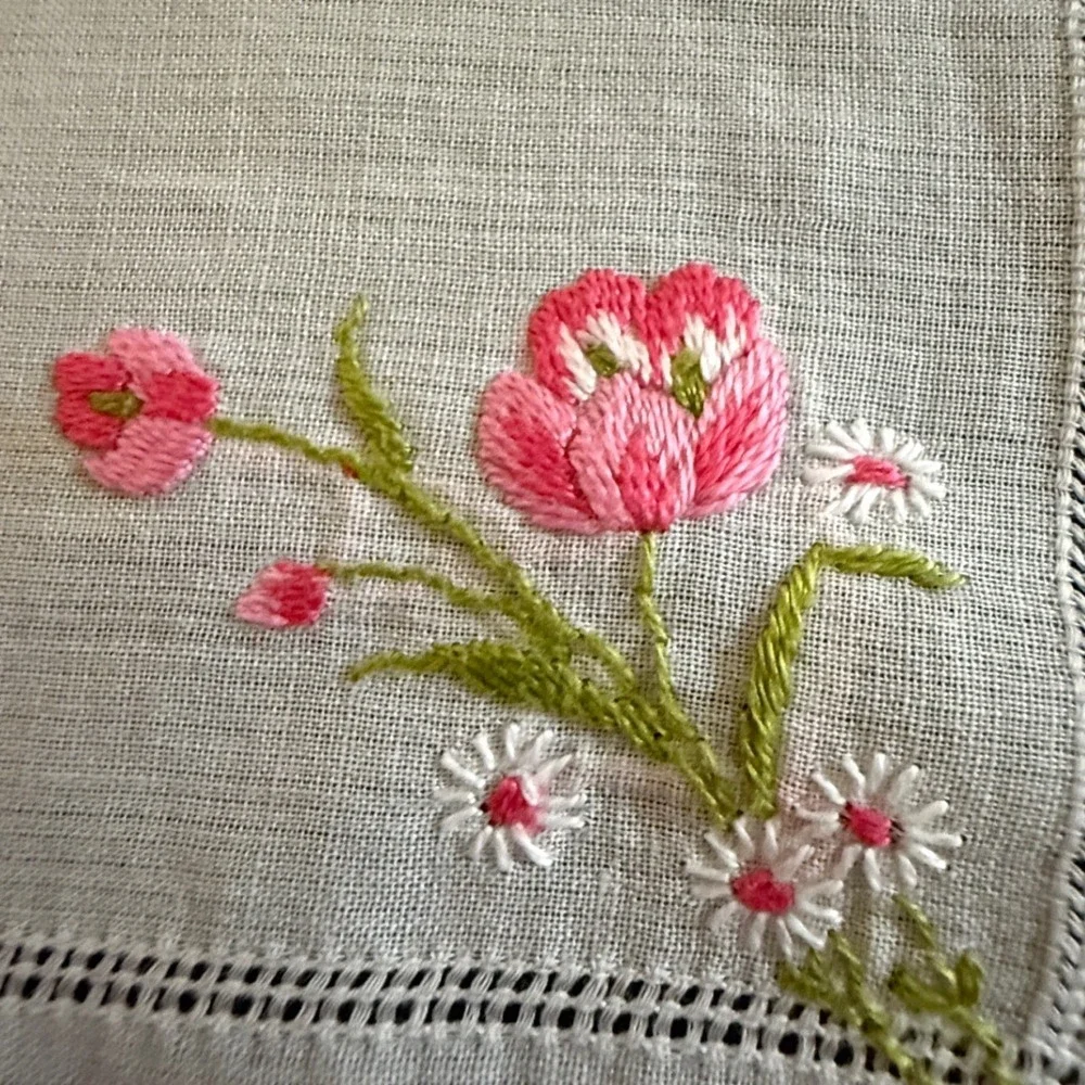 Vintage‎ Floral Handkerchief Set Pink White Lace Embroidered Cotton 3 Piece